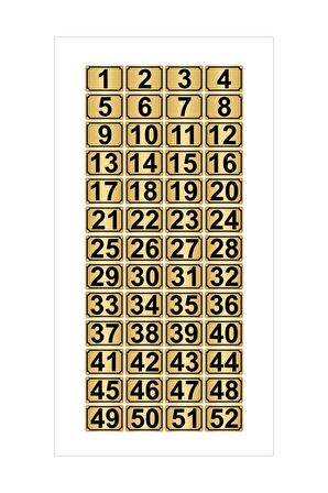 Metal Kapı,masa,dolap Numarası 15cmx20cm 52 Adet Dikdörtgen (1…52) Altın Renk Metal