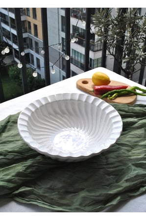 1 Adet Seramik İstiridye Desenli Beyaz Salata Kasesi 27 cm Büyük Salata Tabağı