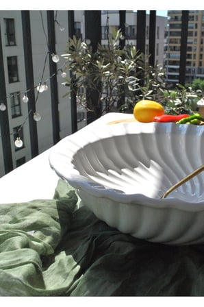 1 Adet Seramik İstiridye Desenli Beyaz Salata Kasesi 27 cm Büyük Salata Tabağı