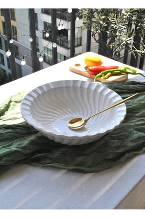 1 Adet Seramik İstiridye Desenli Beyaz Salata Kasesi 27 cm Büyük Salata Tabağı