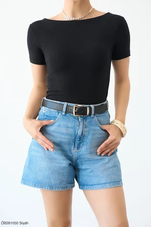 Siyah Kayık Yaka Kısal Kol Body