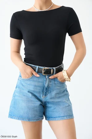 Siyah Kayık Yaka Kısal Kol Body