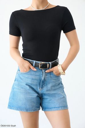 Siyah Kayık Yaka Kısal Kol Body