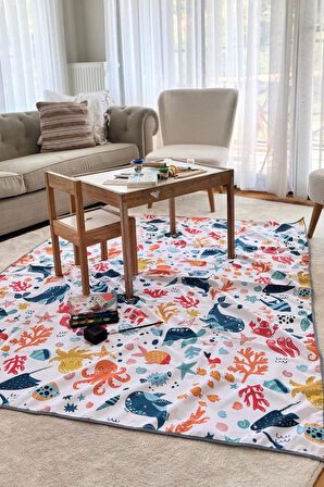 Yorni 145x180cm Ocean, Sıvı Geçirmeyen Çok Amaçlı Aktivite Örtüsü; Yer, Masa ve Yatak Için, Makinede Yıkanabilir