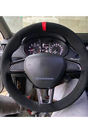 Skoda Octavia Uyumlu Dikmeli Direksiyon Kılıfı Alkantara Kırmızı Yüzüklü