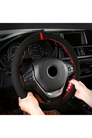 Skoda Octavia Uyumlu Dikmeli Direksiyon Kılıfı Alkantara Kırmızı Yüzüklü