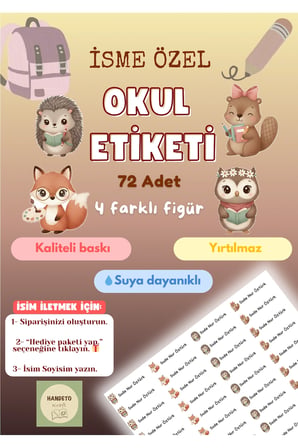 72 Adet Sevimli Hayvan Temalı Kişiye Özel Okul Etiket İsim Yazılan Etiket Kalem Defter İsimli Etiket