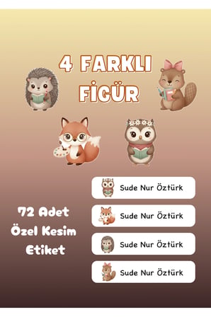 72 Adet Sevimli Hayvan Temalı Kişiye Özel Okul Etiket İsim Yazılan Etiket Kalem Defter İsimli Etiket
