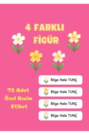 72 Adet Sarı Çiçek Temalı Kişiye Özel Okul Etiket İsim Yazılan Etiket Kalem Defter İsimli Etiket