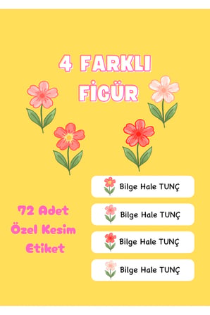 72 Adet Pembe Çiçek Temalı Kişiye Özel Okul Etiket İsim Yazılan Etiket Kalem Defter İsimli Etiket