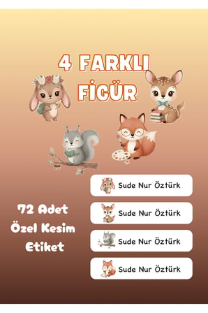 72 Adet Tatlı Hayvan Temalı Kişiye Özel Okul Etiketi İsim Yazılan Etiket Kalem Defter İsimli Etiket