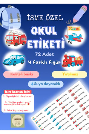 72 Adet Araba Temalı Kişiye Özel Okul Etiketi İsim Yazılabilen Etiket Kalem Defter İsimli Etiket