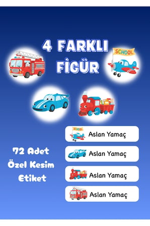 72 Adet Araba Temalı Kişiye Özel Okul Etiketi İsim Yazılabilen Etiket Kalem Defter İsimli Etiket