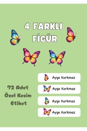 72 Adet Kelebek Temalı Kişiye Özel Okul Etiketi İsim Yazılabilen Etiket Kalem Defter İsimli Etiket