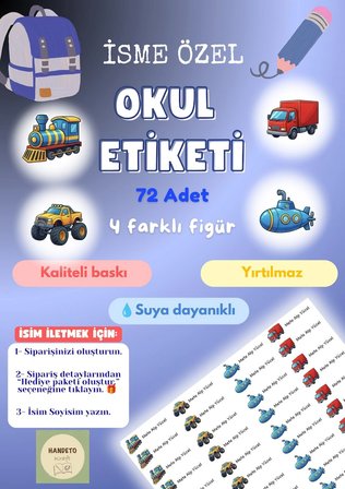 72 Adet Araba Temalı Kişiye Özel Okul Etiketi İsim Yazılabilen Etiket Kalem Defter İsimli Etiket 2