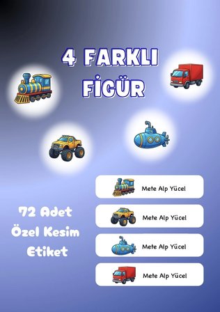 72 Adet Araba Temalı Kişiye Özel Okul Etiketi İsim Yazılabilen Etiket Kalem Defter İsimli Etiket 2