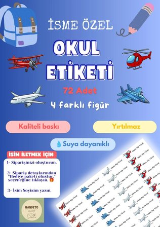 72 Adet Uçak Temalı Kişiye Özel Okul Etiketi İsim Yazılabilen Etiket Kalem Defter İsimli Etiket