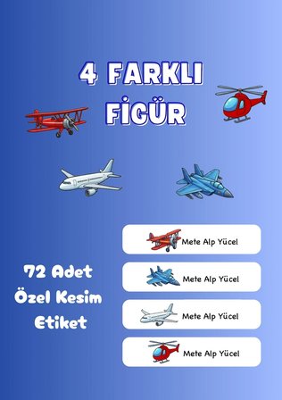 72 Adet Uçak Temalı Kişiye Özel Okul Etiketi İsim Yazılabilen Etiket Kalem Defter İsimli Etiket