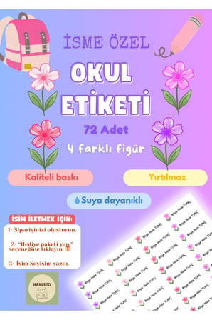 72 Adet Mor Çiçek Temalı Kişiye Özel Okul Etiketi İsim Yazılabilen Etiket Kalem Defter İsimli Etiket