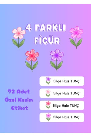 72 Adet Mor Çiçek Temalı Kişiye Özel Okul Etiketi İsim Yazılabilen Etiket Kalem Defter İsimli Etiket