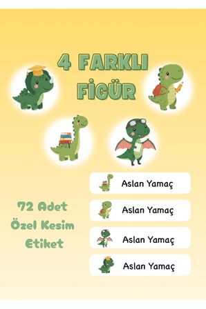 72 Adet Dinozor Temalı Kişiye Özel Okul Etiketi İsim Yazılabilen Etiket Kalem Defter İsimli Etiket