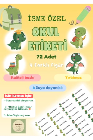 72 Adet Dinozor Temalı Kişiye Özel Okul Etiketi İsim Yazılabilen Etiket Kalem Defter İsimli Etiket
