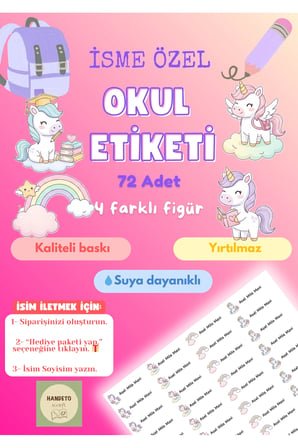72 Adet Unicorn Temalı Kişiye Özel Okul Etiketi İsim Yazılabilen Etiket Kalem Defter İsimli Etiket