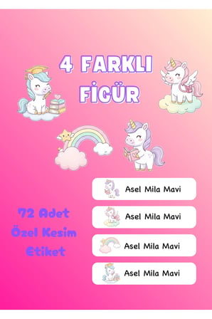 72 Adet Unicorn Temalı Kişiye Özel Okul Etiketi İsim Yazılabilen Etiket Kalem Defter İsimli Etiket
