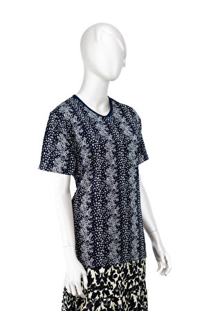 Oppland Kadın Turlu Viskon Penye Kumaş Anne Bluz Palmiye Çiçek Desenli Kısa Kollu Normal Kesim Tam Kalıp Likralı