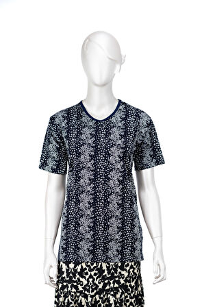 Oppland Kadın Turlu Viskon Penye Kumaş Anne Bluz Palmiye Çiçek Desenli Kısa Kollu Normal Kesim Tam Kalıp Likralı