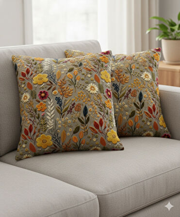 Sonbahar Çiçekleri Desenli Dijital Baskılı 2'li Kırlent 40 cm x 40 cm