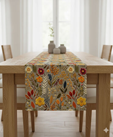 Sonbahar Çiçekleri Desenli Dijital Baskılı Runner 140 cm x 45 cm