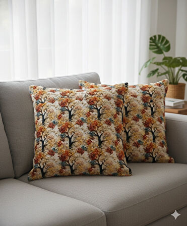 Sonbahar Ağaçları Desenli Dijital Baskılı 2'li Kırlent 40 cm x 40 cm