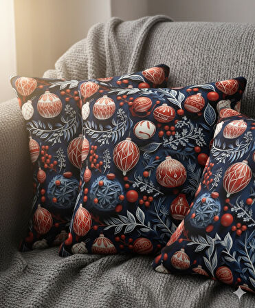 Yılbaşı Lacivert Küreler Desenli Dijital Baskılı 2'li Kırlent 40 cm x 40 cm