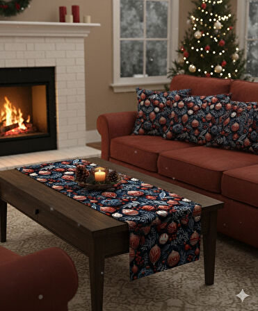 Yılbaşı Lacivert Küreler Desenli Dijital Baskılı Runner 140 cm x 45 cm