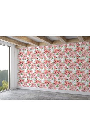 Pembe Çiçek ve Yaprak Desenli Duvar Kağıdı-5587