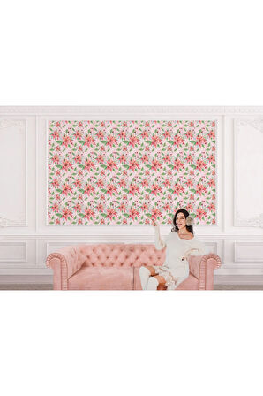 Pembe Çiçek ve Yaprak Desenli Duvar Kağıdı-5588