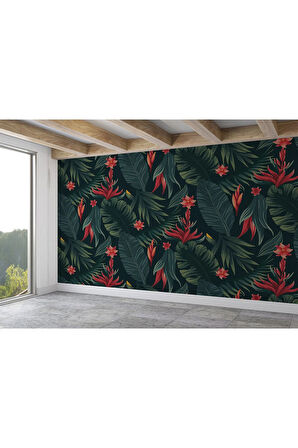 Kırmızı Çiçekli Tropical Ağaç Yaprakları Duvar Kağıdı-5634