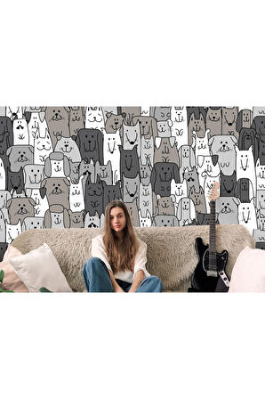 Siyah Beyaz Sevimli Köpekler Desenli Öğretici Çocuk Odası Duvar Kağıdı-5746