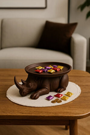 Dekoratif Gergedan Sunumluk Çok Amaçlı Pratik Ev Gereçleri Kahve (Vegan Üretim)