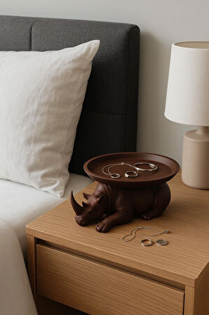 Dekoratif Gergedan Sunumluk Çok Amaçlı Pratik Ev Gereçleri Kahve (Vegan Üretim)