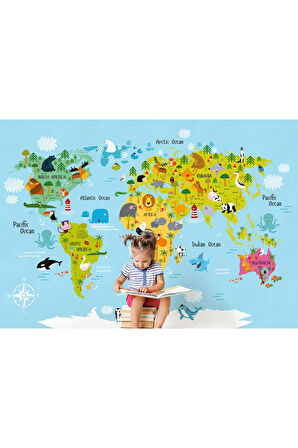Oxyteez   Çocuk ve Bebek Odası Poster Duvar Kağıdı Hayvanlar Alemi Eğitici Dünya Haritası-1007 1007
