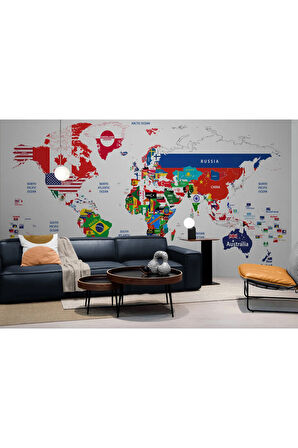 Oxyteez   Bayraklı Dünya Haritası Duvar Kağıdı Eğitici Öğretici Detaylı-1043 1043