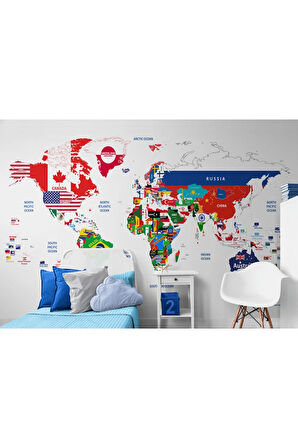Oxyteez   Bayraklı Dünya Haritası Duvar Kağıdı Eğitici Öğretici Detaylı-1043 1043