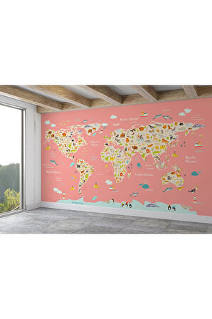 Oxyteez   Kız Çocuğu Bebek Odası Hayvan Figürlü Dünya Haritası Duvar Kağıdı -1045 1045