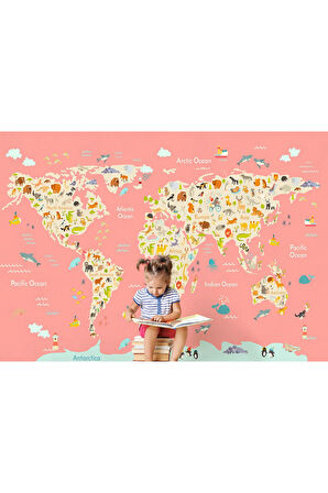 Oxyteez   Kız Çocuğu Bebek Odası Hayvan Figürlü Dünya Haritası Duvar Kağıdı -1045 1045