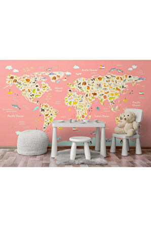 Oxyteez   Kız Çocuğu Bebek Odası Hayvan Figürlü Dünya Haritası Duvar Kağıdı -1045 1045