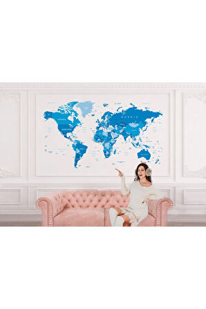 Oxyteez   Mavi İngilizce Dünya Haritası Duvar Kağıdı -1051 1051