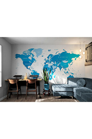 Oxyteez   Mavi İngilizce Dünya Haritası Duvar Kağıdı -1051 1051