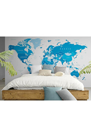 Oxyteez   Mavi İngilizce Dünya Haritası Duvar Kağıdı -1051 1051